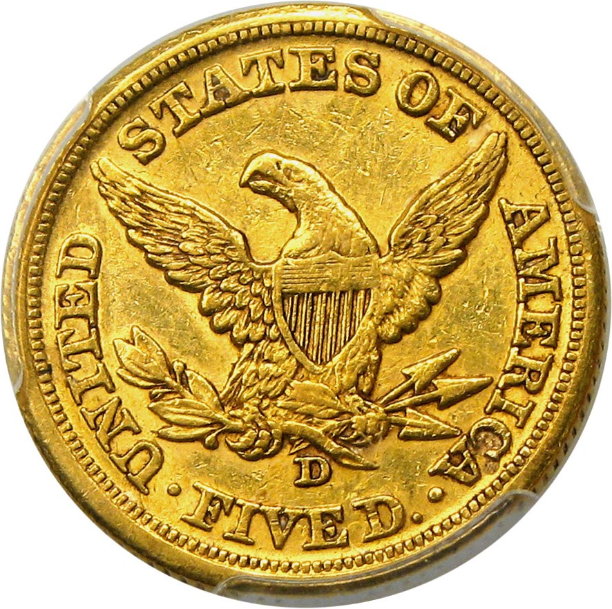 image for: 1860-D $5 PCGS AU55 (Medium D)