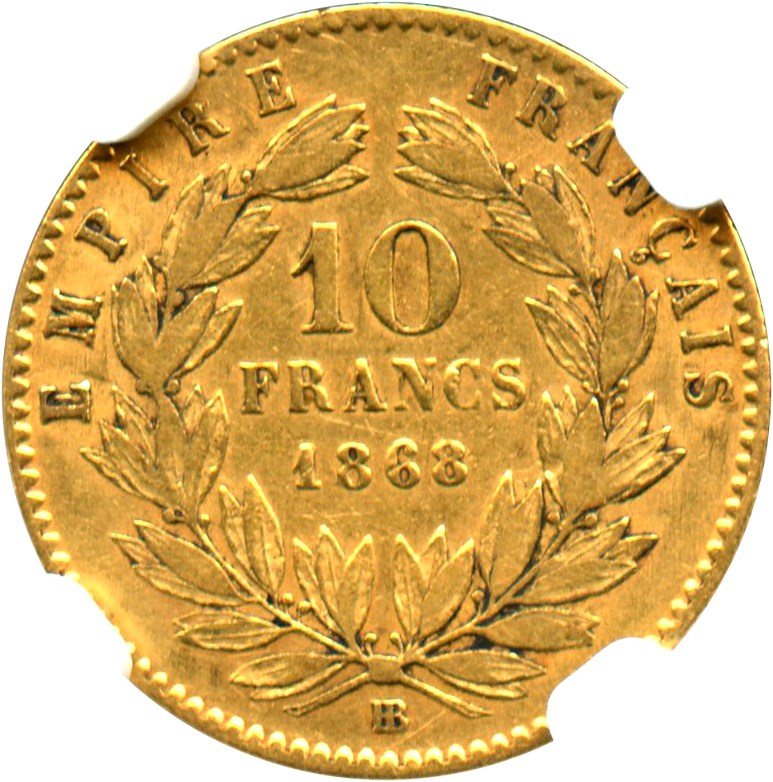 image for: France: 1868-BB Gold 10 Francs NGC VF25 (KM-800.2)