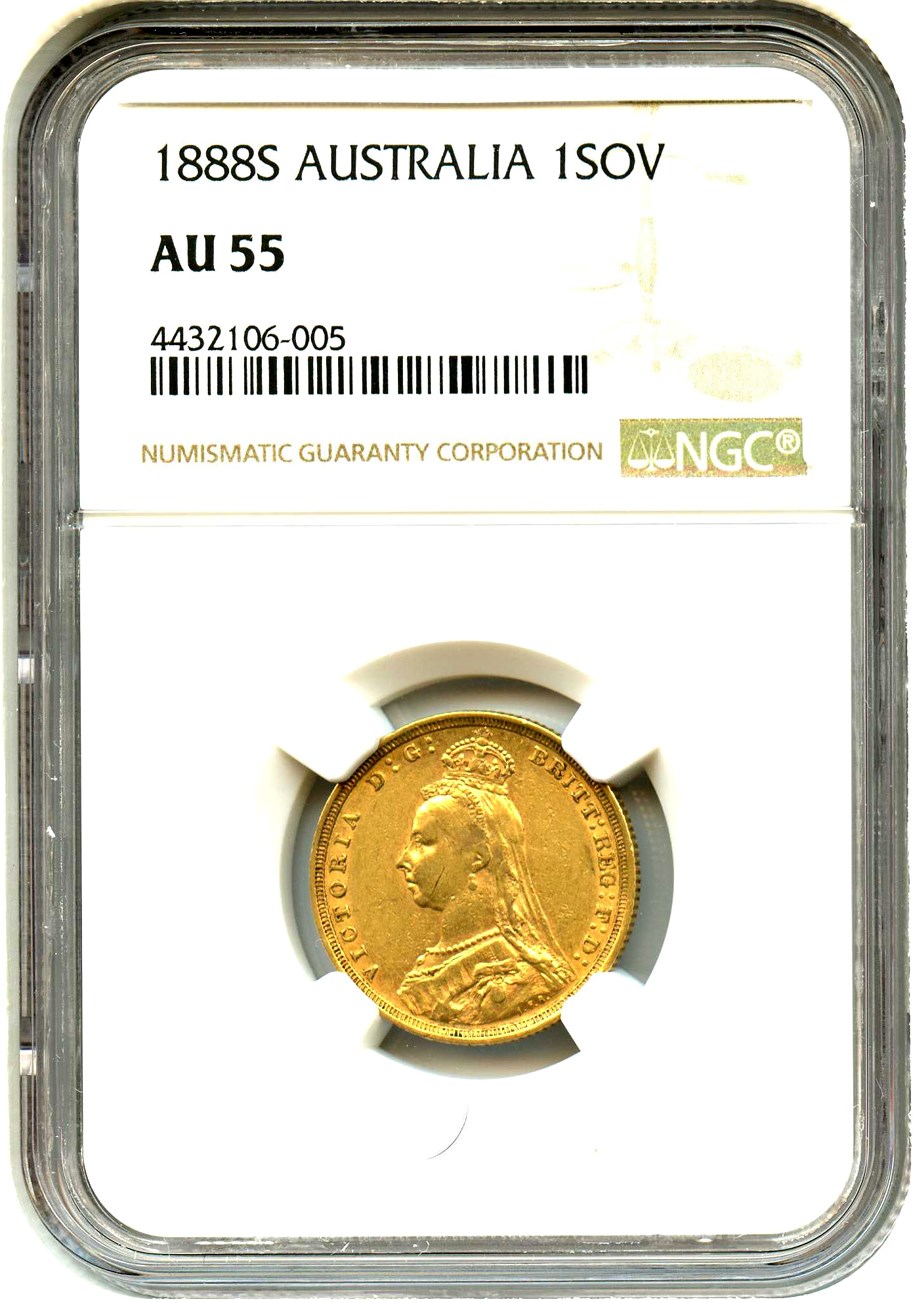 image for: Australia: 1888-S Gold Sovereign Jubilee Head NGC AU55 (KM-10)