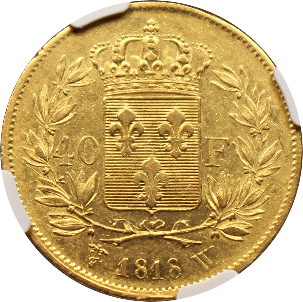 image for: France: 1818-W Louis XIII Gold 40 Franc NGC AU53 (KM-713.6)
