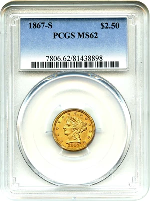 image for: 1867-S $2 1/2 PCGS MS62