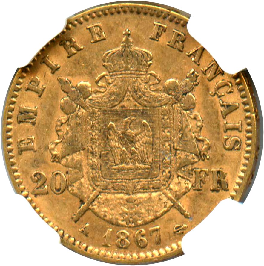 image for: France: 1867-A Gold 20 Franc NGC AU58 (KM-801.1)
