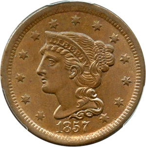 image for: 1857 1c PCGS/CAC MS64 BN (Small Date)