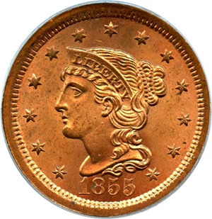 image for: 1855 1c PCGS MS65 RD (Upright 55)