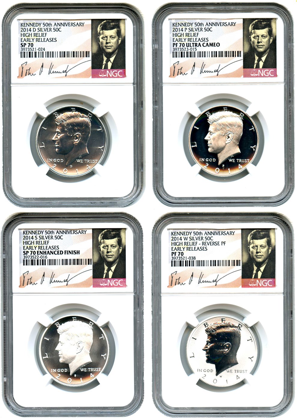 image for: 2014 Kennedy 50th Anniversary Set 50c NGC SP/PF70 High Relief (Early Releases, 4 Coins)