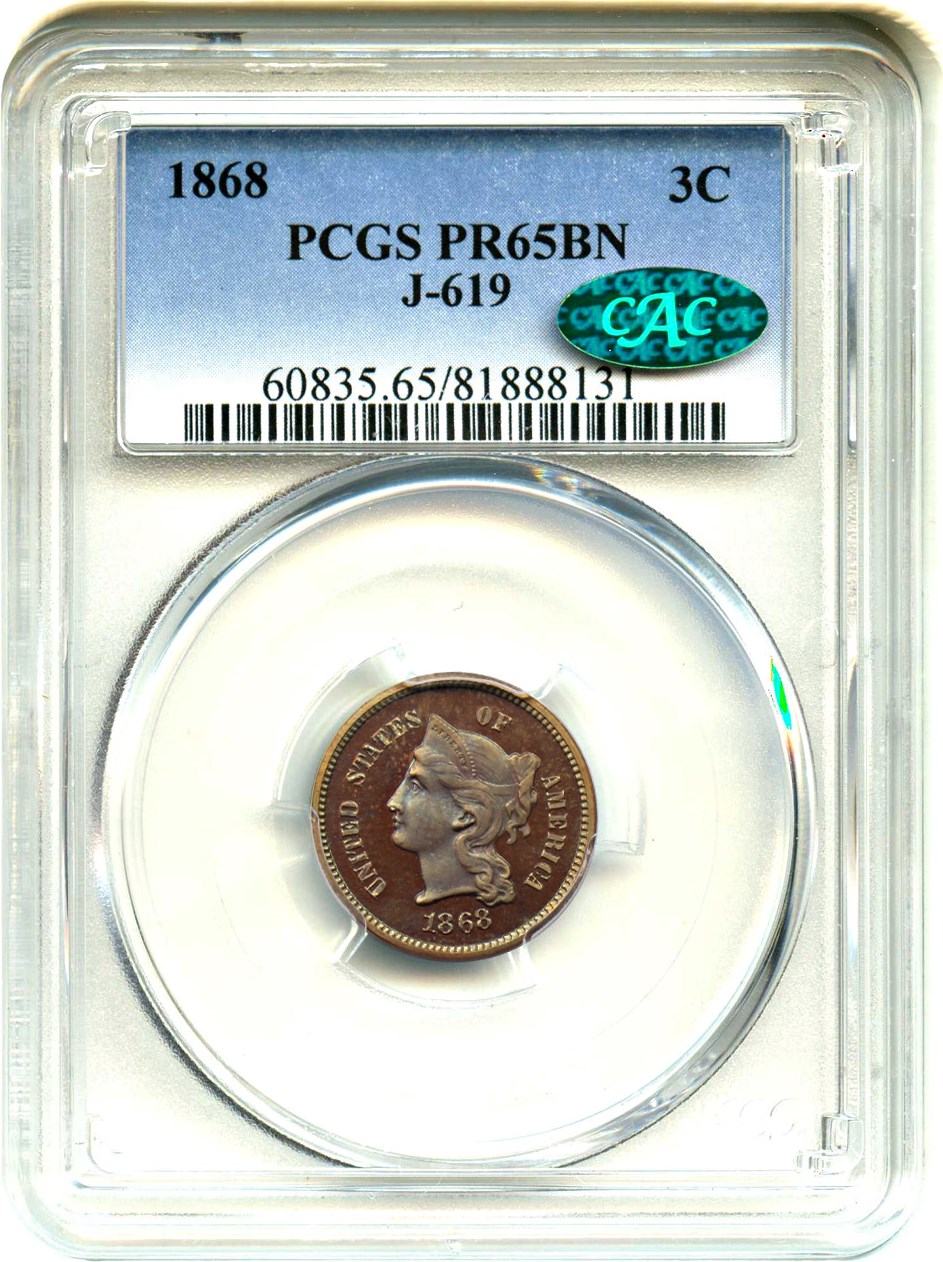 image for: 1868 Pattern 3C PCGS/CAC Proof 65 BN (J-619)
