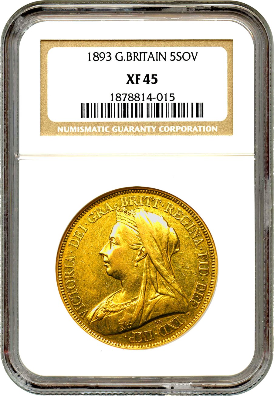 image for: Great Britain: 1893 Gold 5 Pounds NGC XF45 (KM-787)