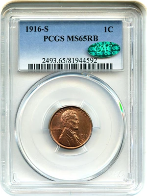 image for: 1916-S 1c PCGS/CAC MS65 RB