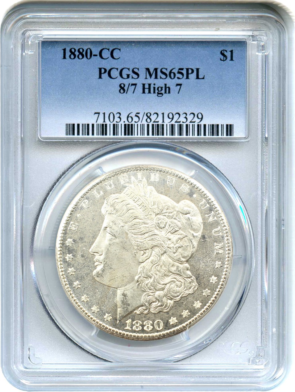 image for: 1880-CC $1 PCGS MS65 PL (VAM-5, 8/High 7)