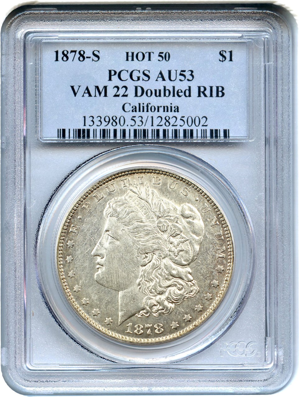 image for: Hot 50 VAM: 1878-S $1 PCGS AU53 (VAM-22, Doubled RIB)