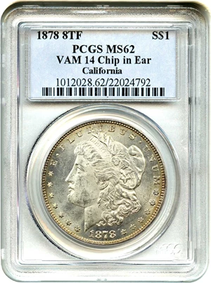 image for: 1878 8TF $1 PCGS MS62 (VAM-14, Chip in Ear)