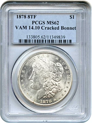 image for: 1878 8TF $1 PCGS MS62 (VAM-14.10, Cracked Bonnet)