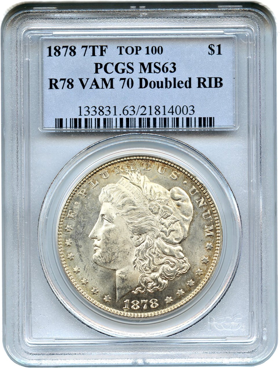 image for: Top 100 VAM: 1878 7TF $1 PCGS MS63 (Reverse of 1878, VAM-70, Doubled RIB)