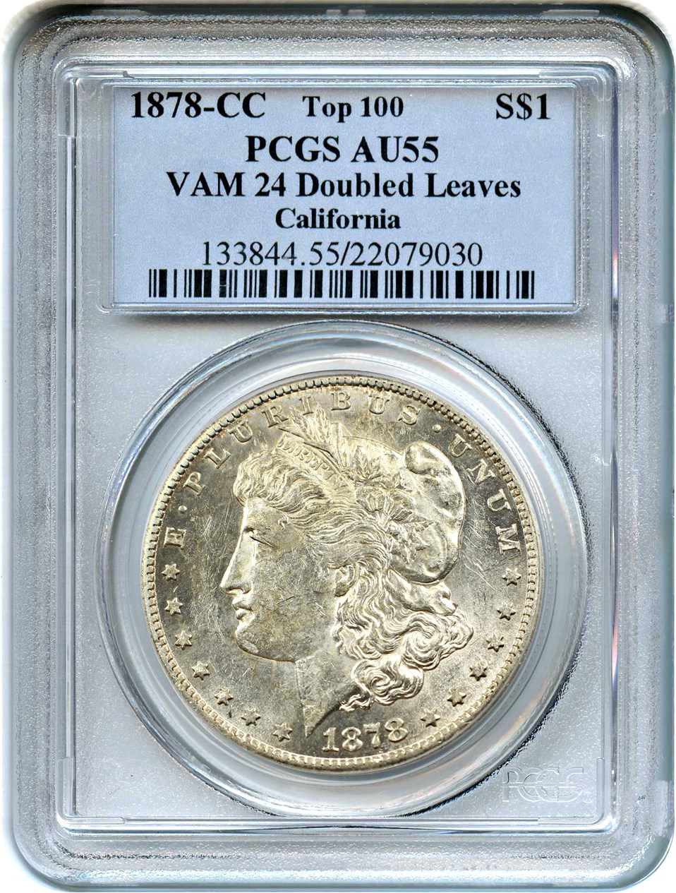 image for: Top 100 VAM: 1878-CC $1 PCGS AU55 (VAM-24, Doubled Leaves)  