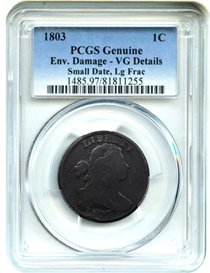image for: 1803 1c PCGS Genuine VG Details (Env. Damage)