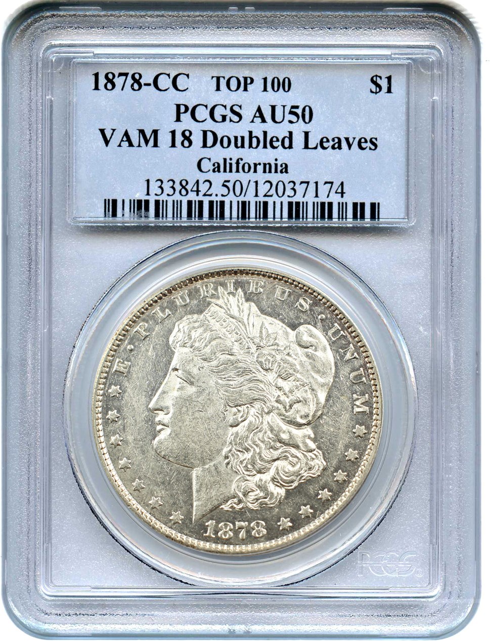 image for: Top 100 VAM: 1878-CC $1 PCGS AU50 (VAM-18, Doubled Leaves)  