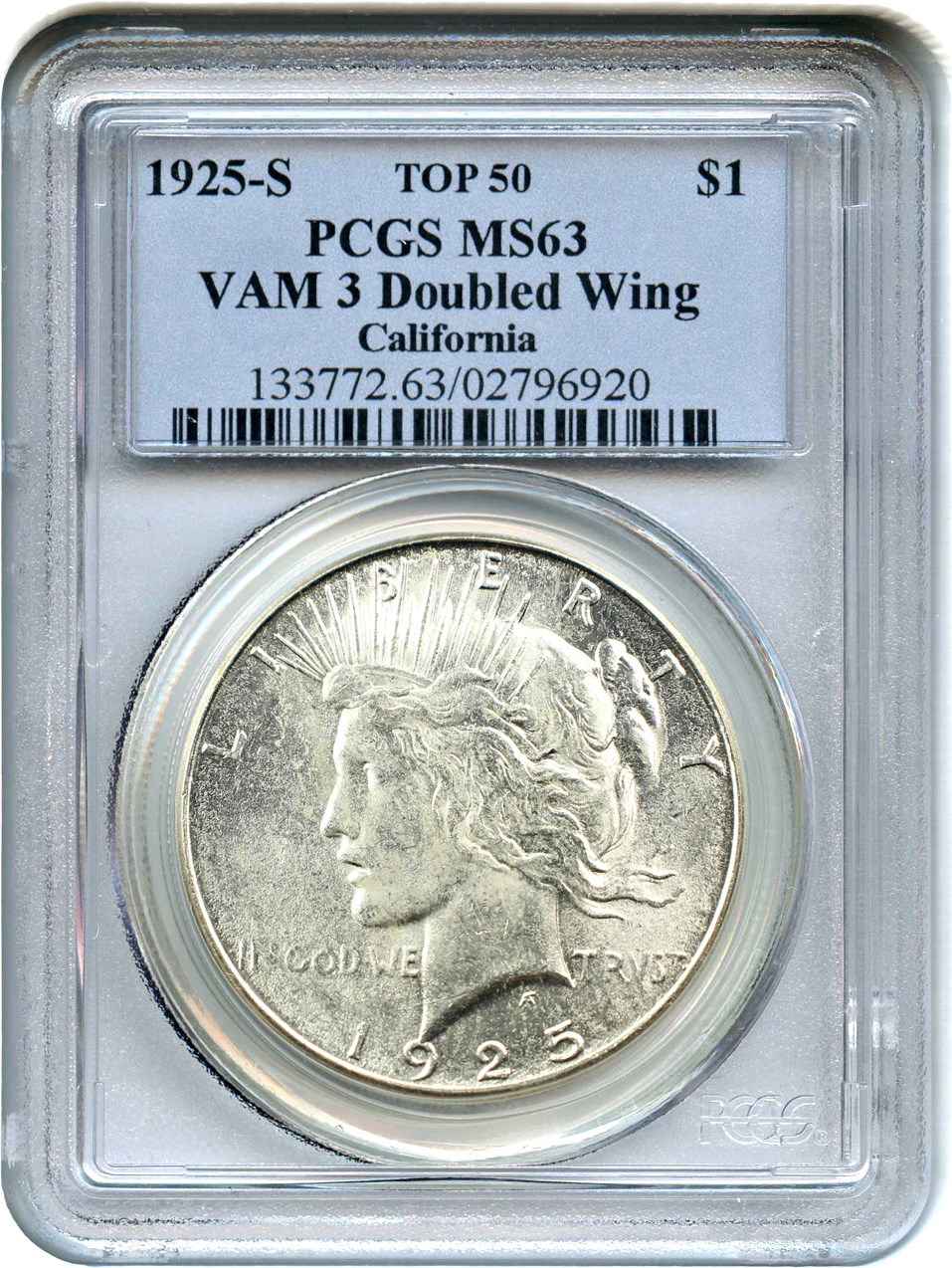 image for: Top 50 VAM: 1925-S $1 PCGS MS63 (VAM-3, Doubled Wing) 