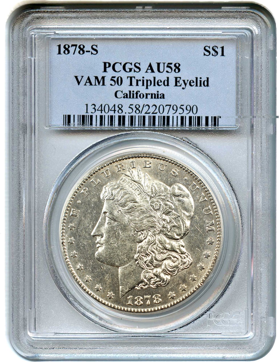 image for: 1878-S $1 PCGS AU58 (VAM-50, Tripled Eyelid)