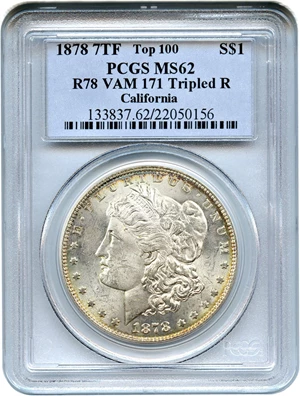 image for: Top 100 VAM: 1878 7TF $1 PCGS MS62 (Reverse of 1878, VAM-171, Tripled R)
