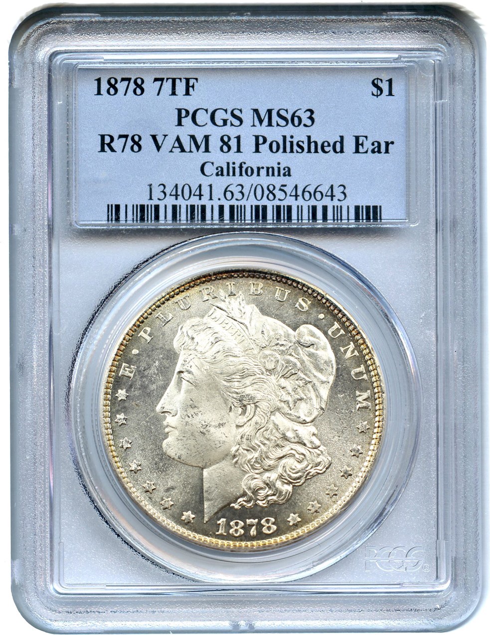 image for: 1878 7TF $1 PCGS MS63 (Reverse of 1878, VAM-81 Polished Ear)