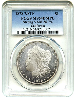 image for: 1878 7/8TF $1 PCGS MS64 DMPL (Strong, VAM-36, 7/4)