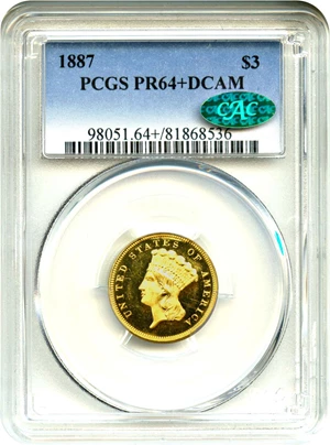 image for: 1887 $3 PCGS/CAC Proof 64+ DCAM