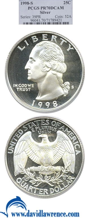image for: 1998-S 25c Silver PCGS Proof 70 DCameo