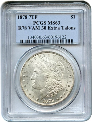 image for: 1878 7TF $1 PCGS MS63 (Reverse of 1878, VAM-30, Extra Talons)
