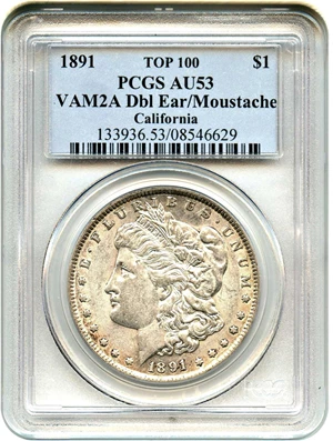 image for: Top 100 VAM: 1891 $1 PCGS AU53 (VAM-2A, Doubled Ear/Moustache)
