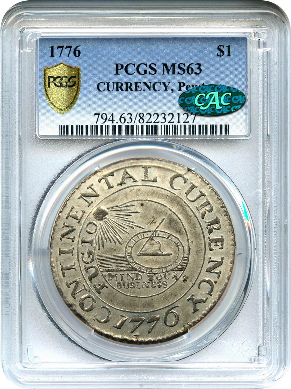 image for: 1776 Continental Dollar $1 PCGS/CAC MS63 (CURRENCY, Pewter)