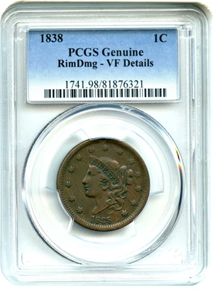image for: 1838 1c PCGS VF Details (Rim Damage)