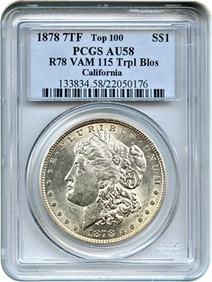 image for: Top 100 VAM: 1878 7TF $1 PCGS AU58 (Reverse of 1878, VAM-115, Tripled Blossom)