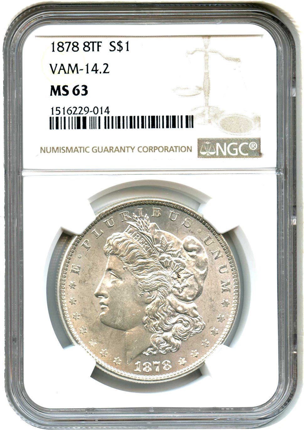 image for: 1878 8TF $1 NGC MS63 (VAM-14.2, Polished Ear)