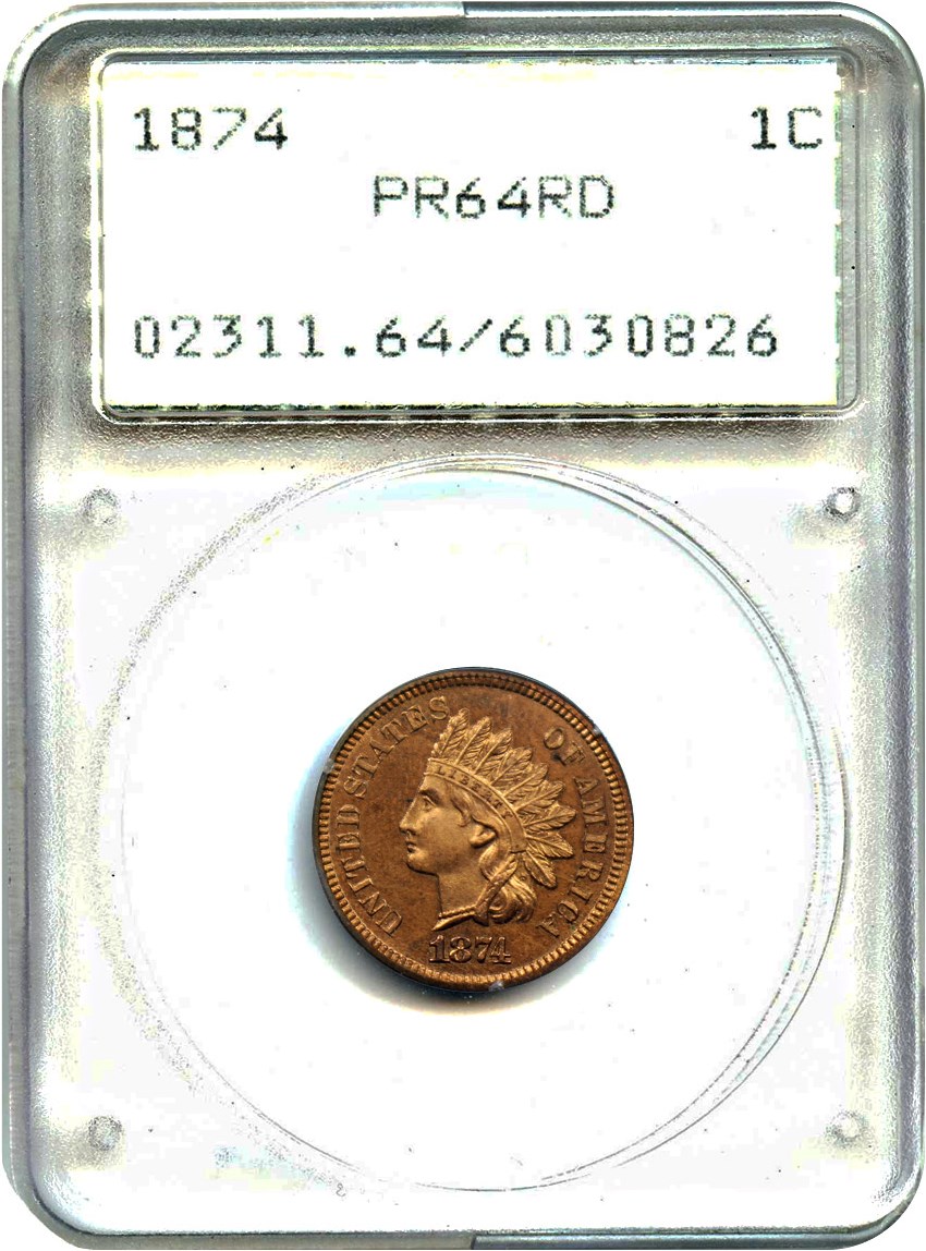 image for: 1874 1c PCGS Proof 64 RD (OGH Rattler Holder)