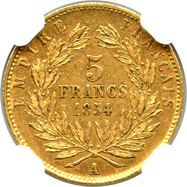 image for: France: 1854-A Gold 5 Francs NGC AU58 (KM-783)