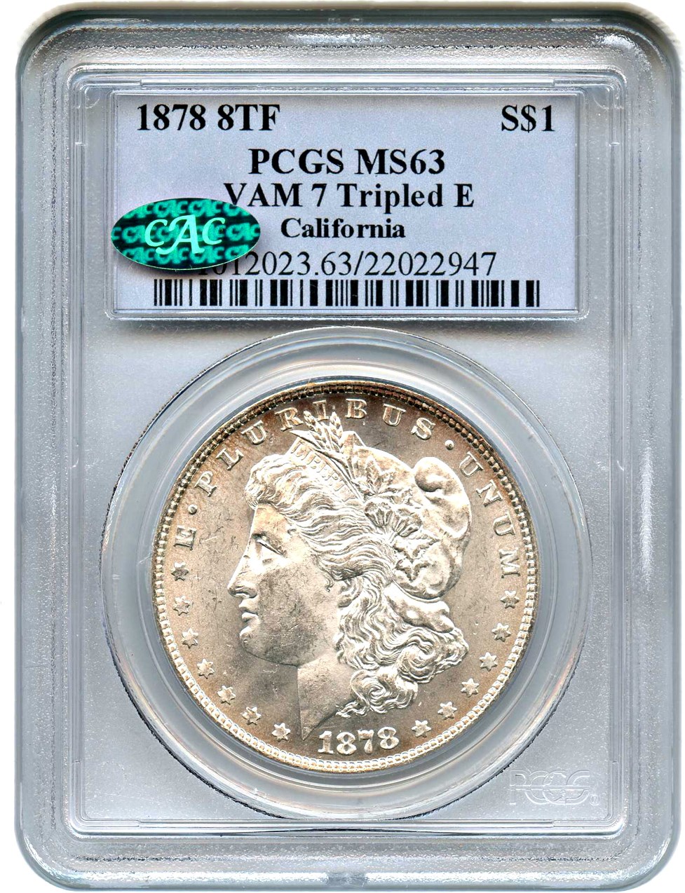 image for: 1878 8TF $1 PCGS/CAC MS63 (VAM-7, Tripled E)