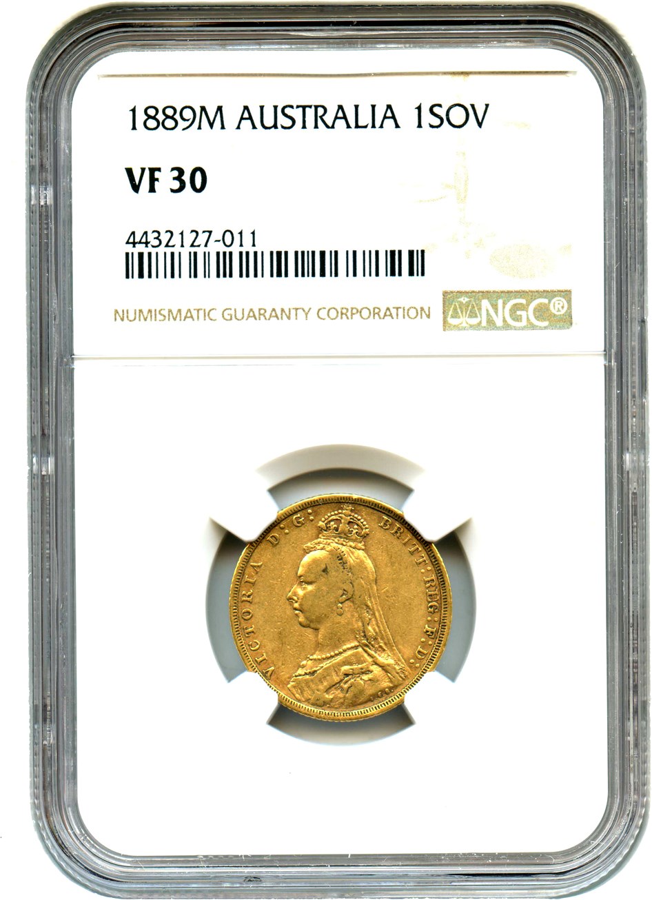 image for: Australia: 1889-M Jubilee Head Gold Sovereign NGC VF30 KM-10)