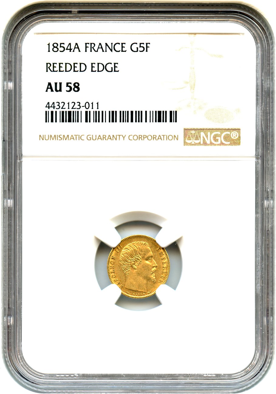 image for: France: 1854-A Gold 5 Francs NGC AU58 (KM-783)