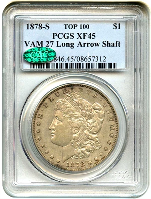 image for: Top 100 VAM: 1878-S $1 PCGS/CAC XF45 (VAM-27, Long Arrow Shaft)