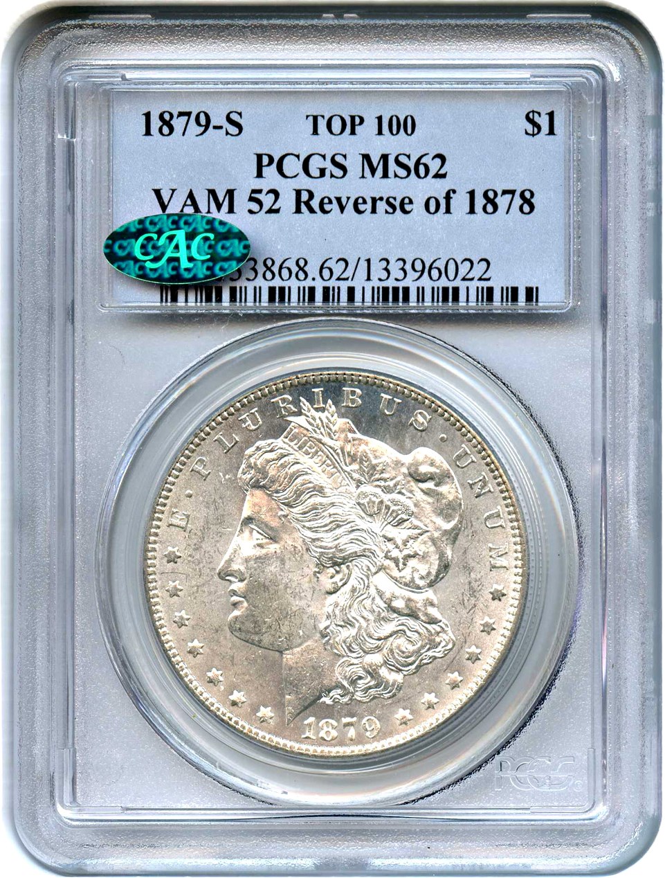 image for: Top 100 VAM: 1879-S $1 PCGS/CAC MS62 (VAM-52 Reverse of 1878)