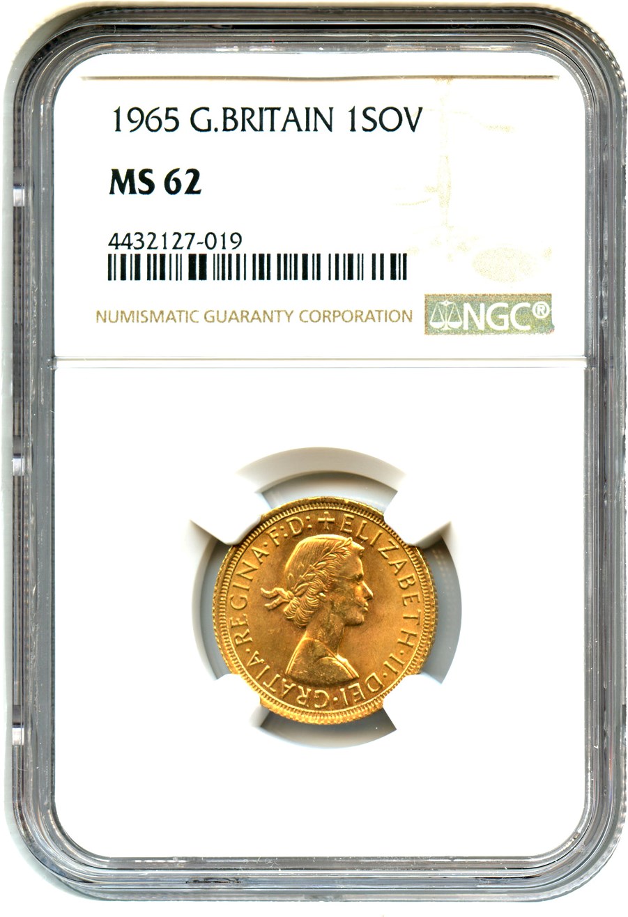 image for: Great Britain: 1965 Gold Sovereign NGC MS62 (KM-908)