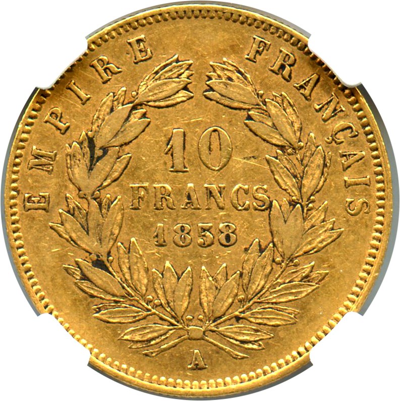 image for: France: 1858-A Gold 10 Francs NGC XF45 (KM-784.3)