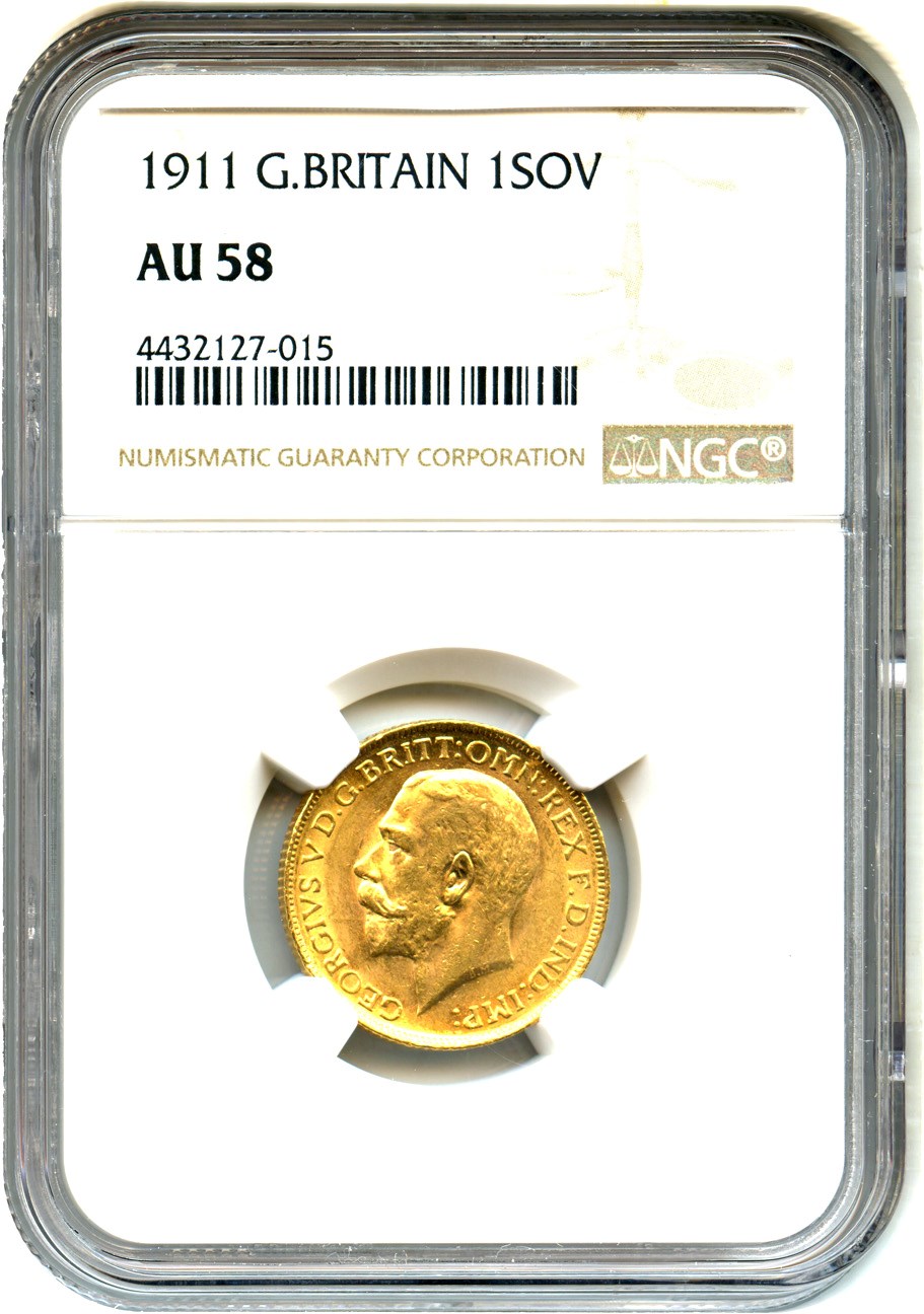 image for: Great Britain: 1911 Gold Sovereign NGC AU58 (KM-820)