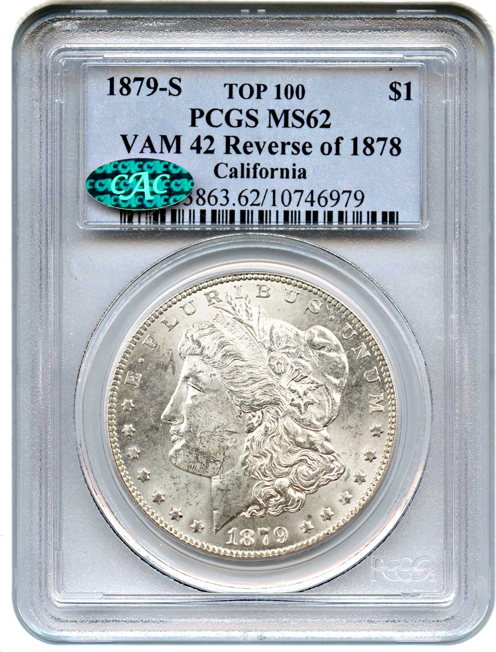 image for: Top 100 VAM: 1879-S $1 PCGS/CAC MS62 (Reverse of 1878, VAM-42)