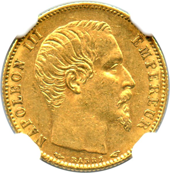 image for: France: 1854-A Gold 5 Francs NGC AU58 (KM-783)