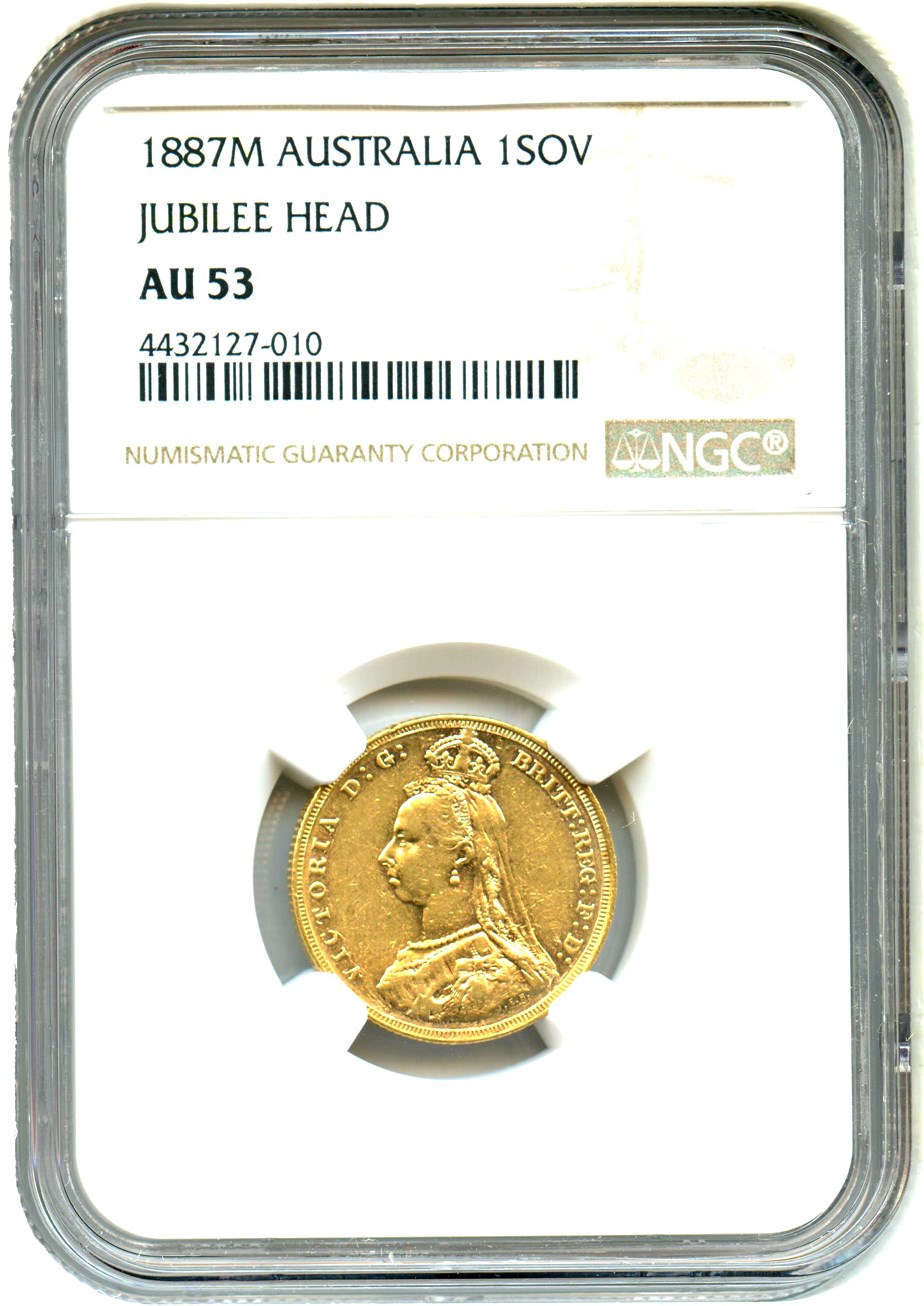 image for: Australia: 1887-M Young Head Gold Sovereign NGC AU53 (KM-7)