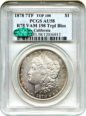 image for: Top 100 VAM: 1878 7TF $1 PCGS/CAC AU58 (Rev. of 1878, VAM-199.1, Triple Blossom)