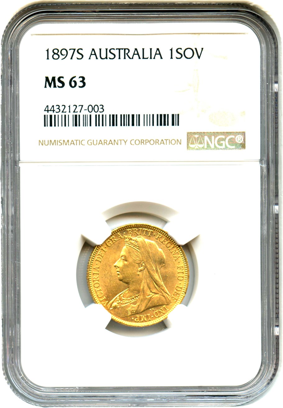 image for: Australia: 1897-S Gold Sovereign NGC MS63 (KM-13)