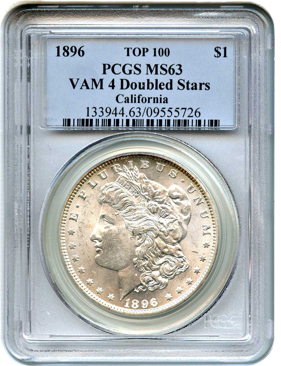 image for: Top 100 VAM: 1896 $1 PCGS MS63 (VAM-4, Doubled Stars)