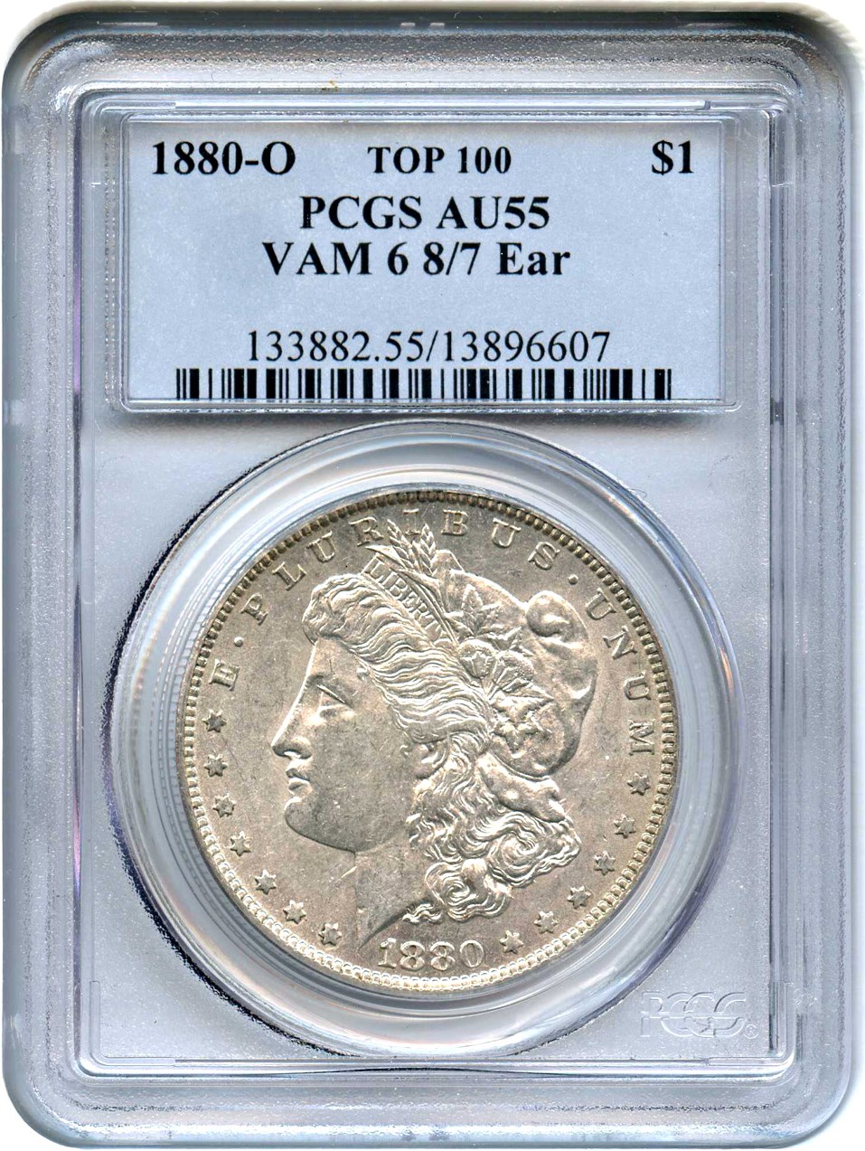 image for: Top 100 VAM: 1880-O $1 PCGS AU55 (VAM-6, 8/7 Ear)